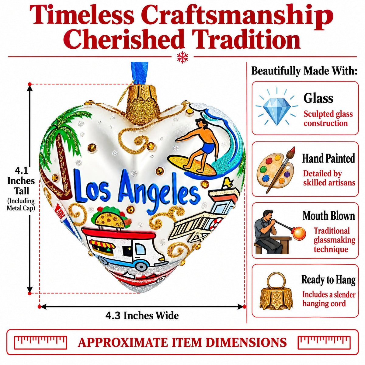 Los Angeles Landmarks & Symbols Glass Heart Christmas Ornament