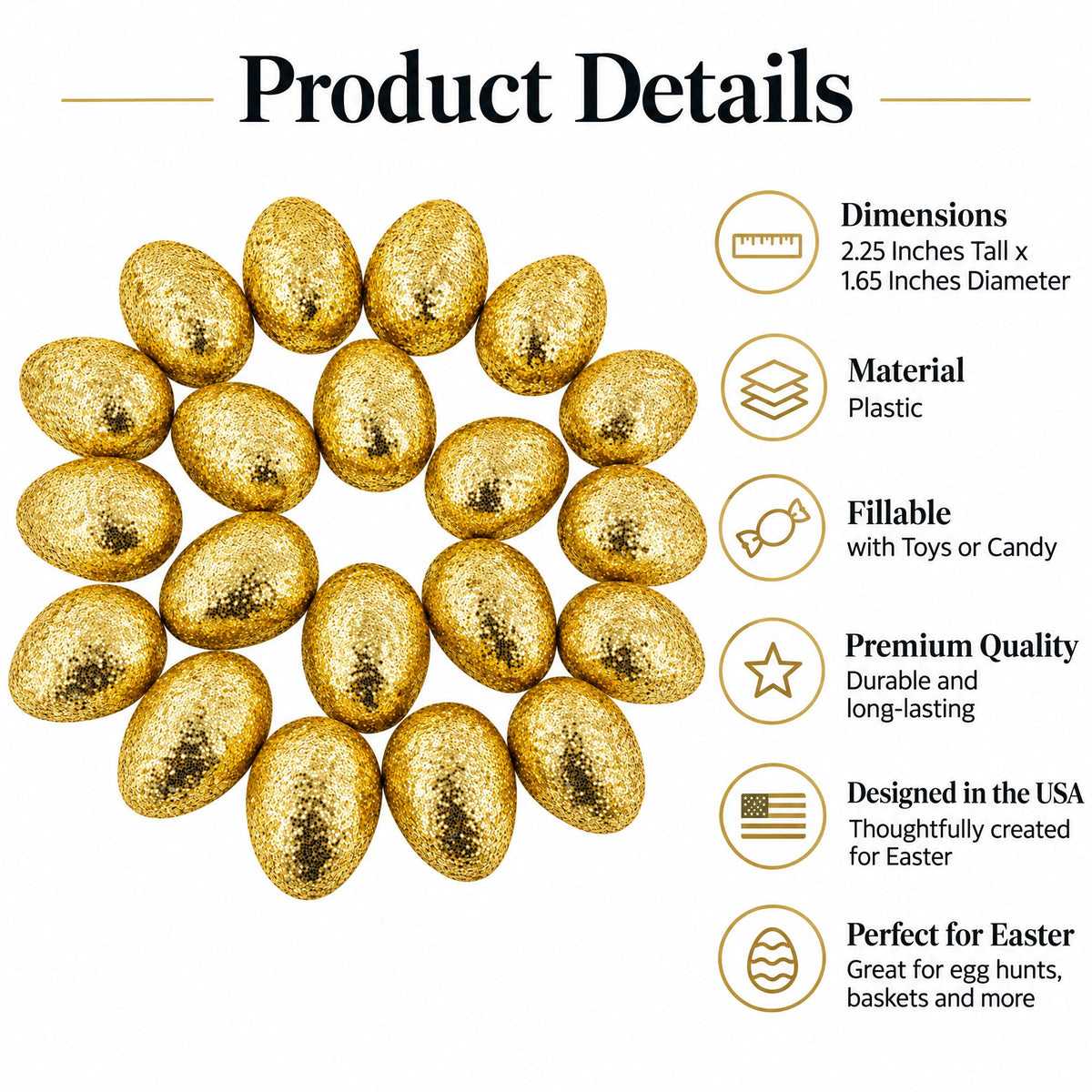 Set of 20 Gold Glittered Fillable Plastic Easter Eggs 2.25 Inches