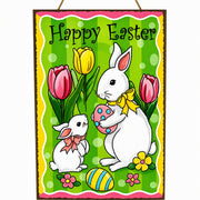Easter Bunny Decorative Wall Sign Spring Egg Hunt Hanging Plaque with Flowers 10 Inches Tall