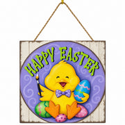 Happy Easter Chick Decorative Wall Plaque with Painted Egg Accents 10 Inches Tall
