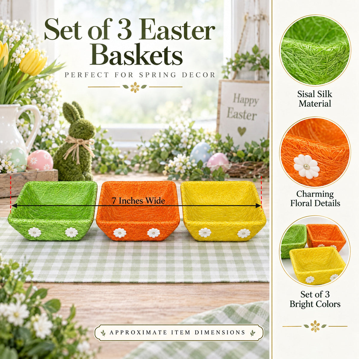 Set of 3 Green, Orange & Yellow Sisal Silk Trays 7 Inches