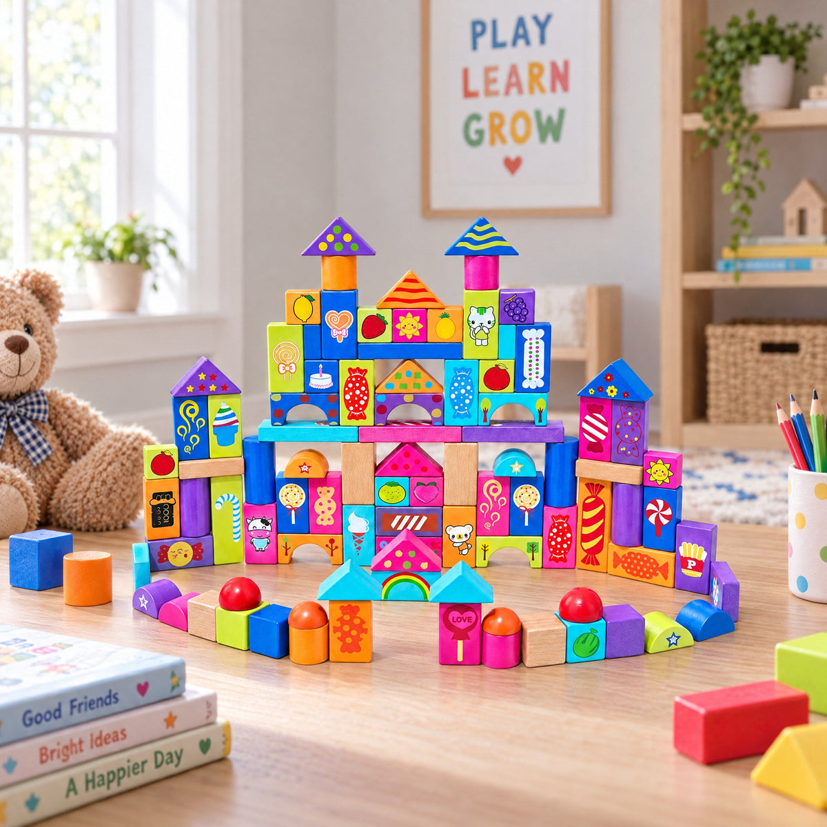Set of 90 Colorful Wooden Building Blocks Educational Stacking Toy Castle