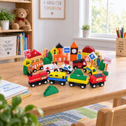 Set of 40 Pieces City Vehicles, Buildings, and Signs Wooden Blocks