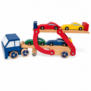 Set of Wooden Truck with Trailer and 4 Cars