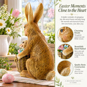 Mother & Baby Bunny Figurine Rustic Easter & Spring Decor with Floral Basket 7.4 Inches