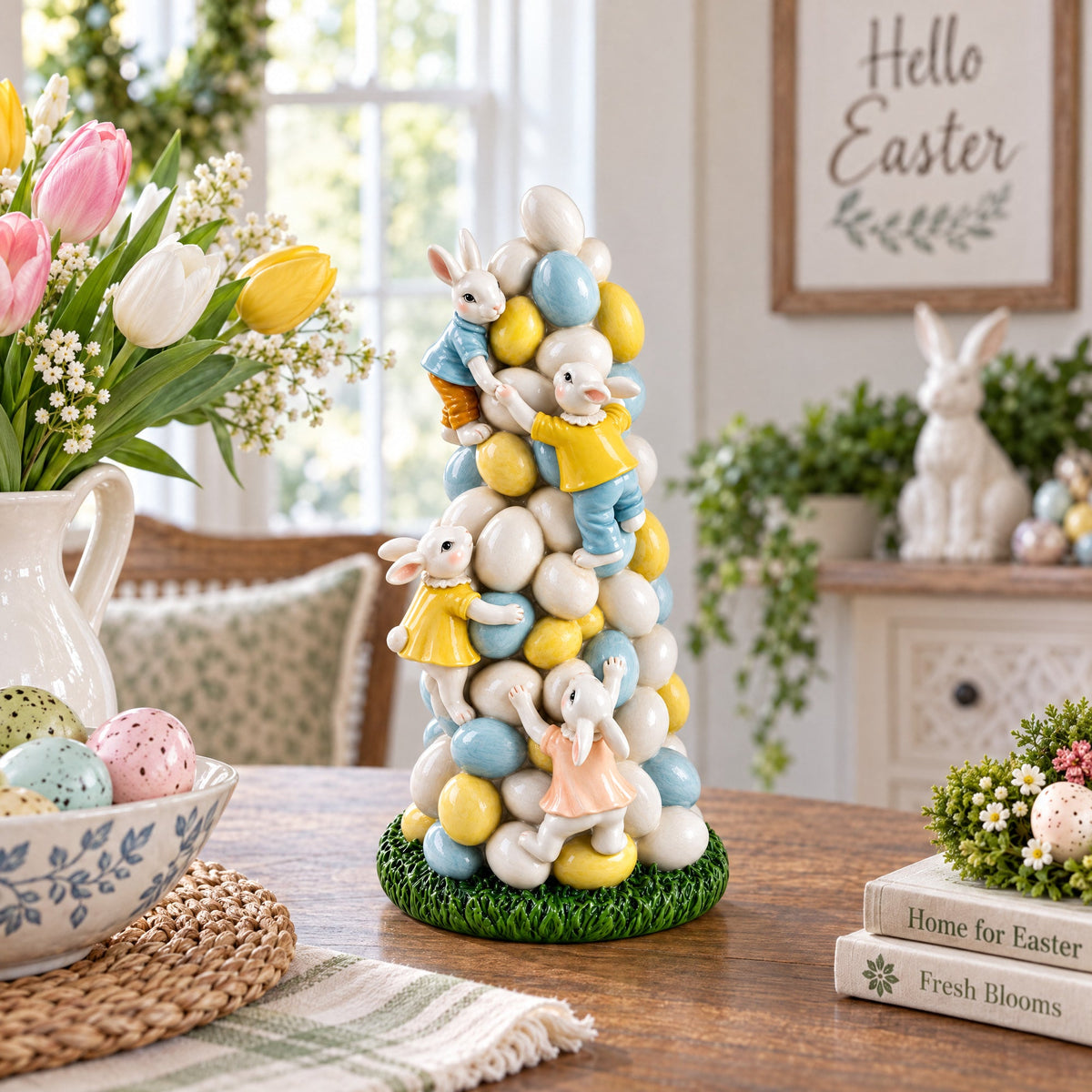 Easter Bunny Climbing Egg Tower Playful Rabbit Figurine for Spring Decor 10.6 Inches