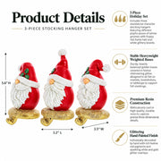 Set of 3 Santa Gnome Stocking Holders - Festive Christmas Mantel Hooks