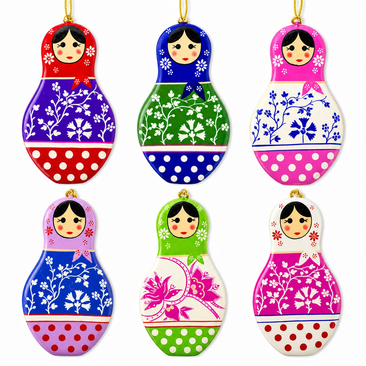 6 Matryoshka Dolls Wooden Christmas Ornaments