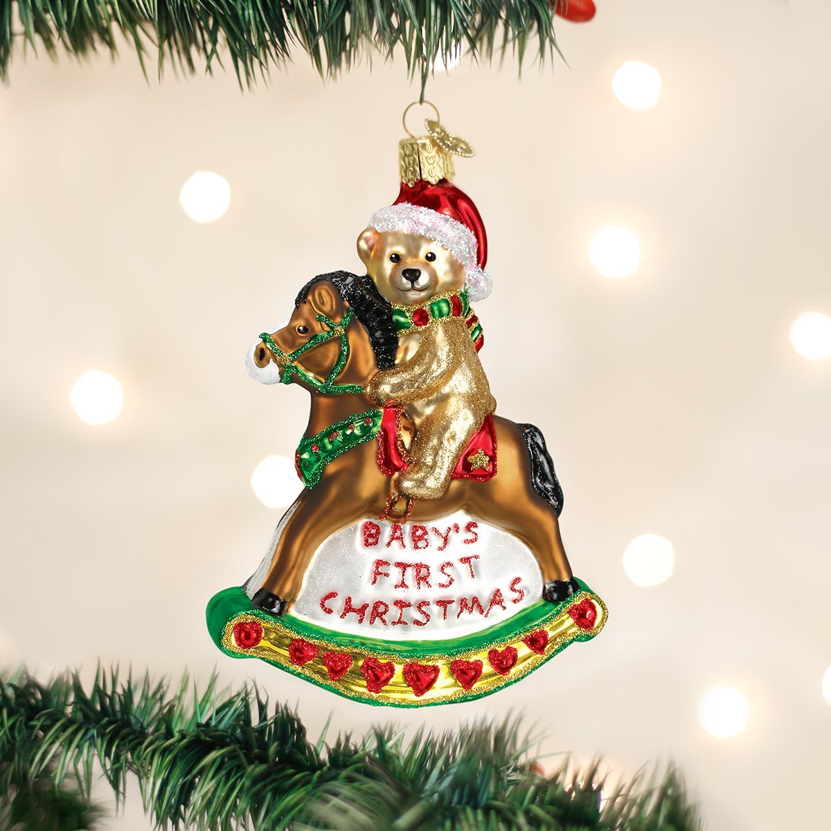 Babys First Christmas Rocking Horse Teddy Glass Ornament