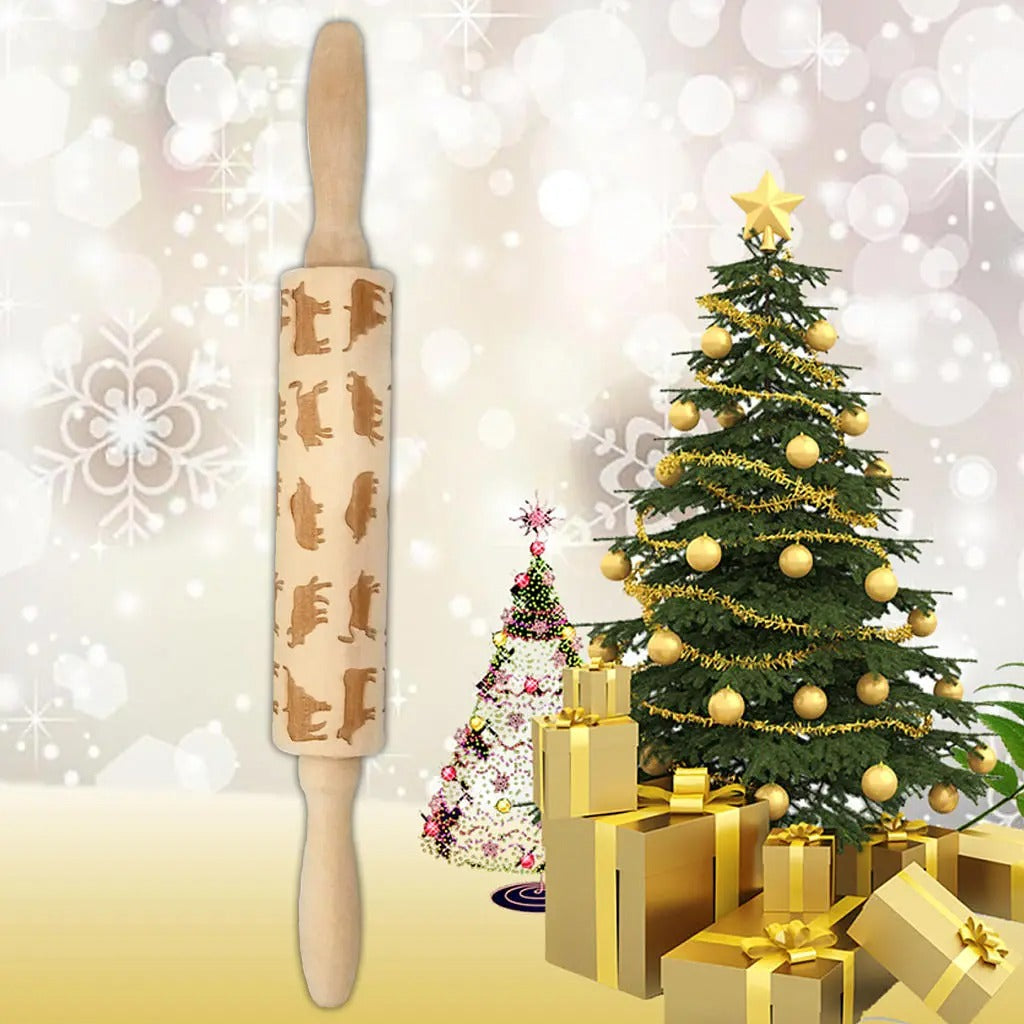 Wooden Christmas Embossed Rolling Pin Dough Stick