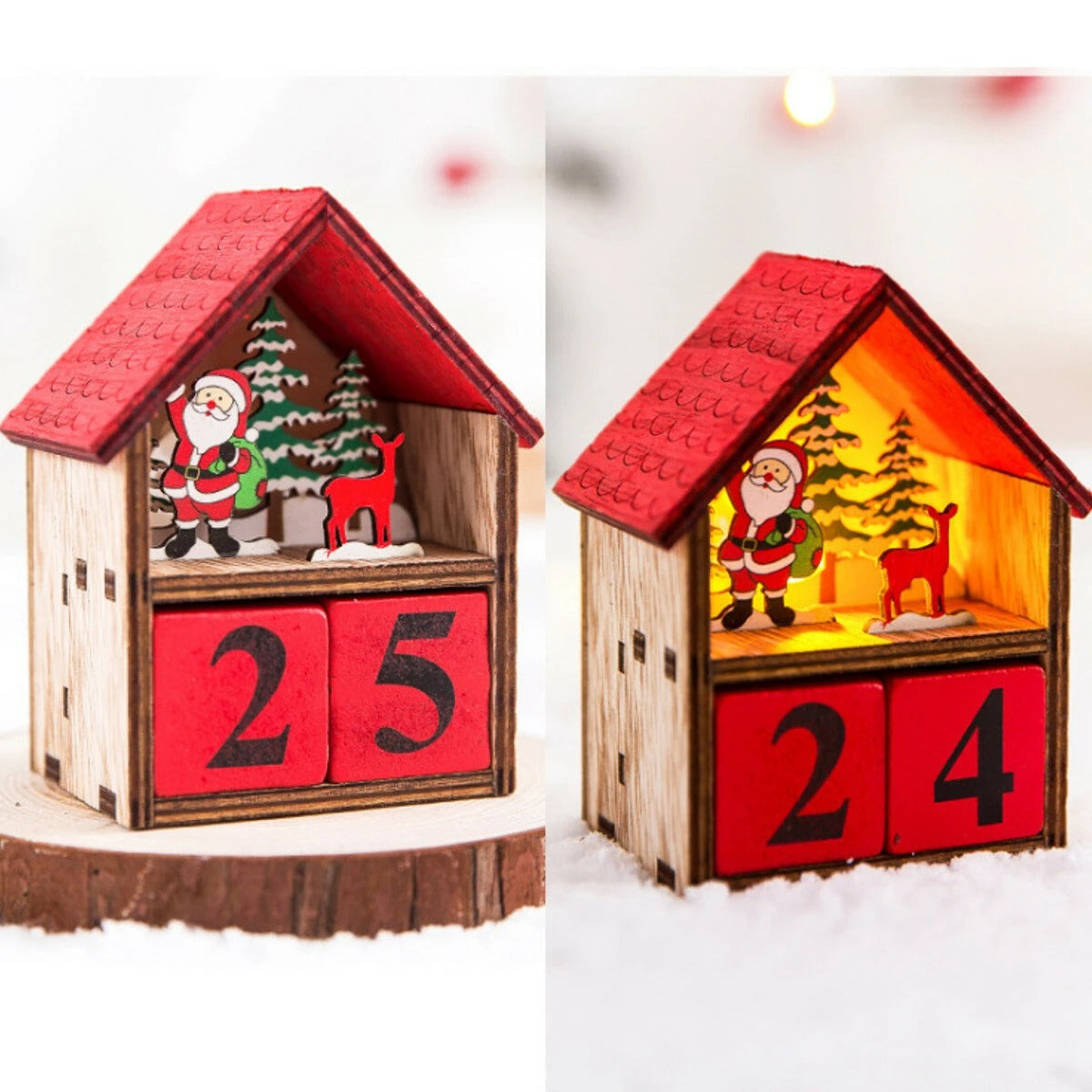 Christmas Advent Calendar LED Light Up Wood House Santa Claus