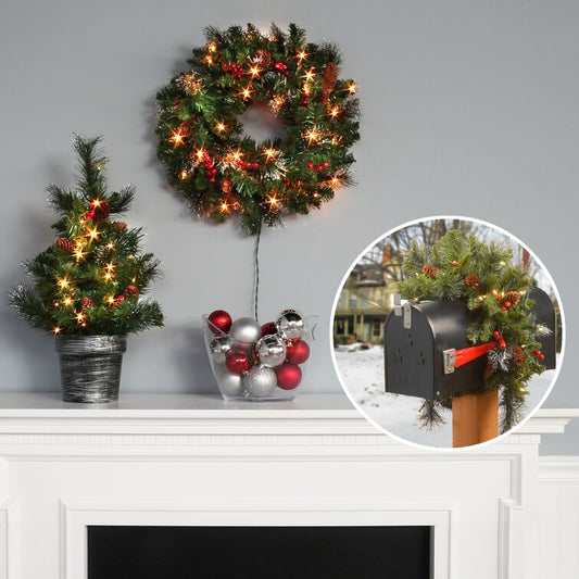 Customizable Christmas Tree & Greenery Set Crestwood Spruce with Clear Lights