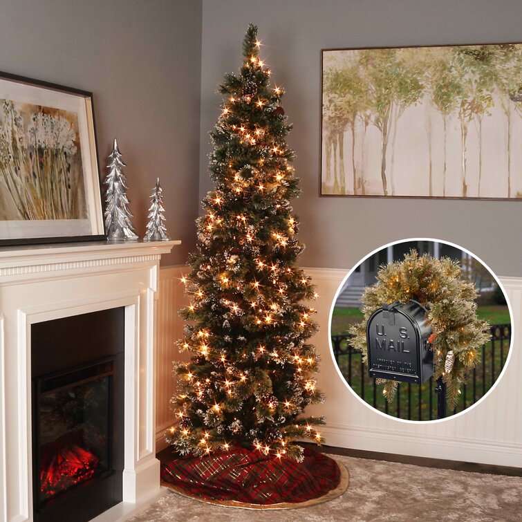 Customizable Christmas Tree & Greenery Set Glittery Bristle Pine with Clear Lights