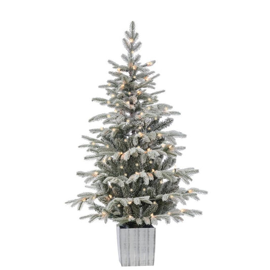 Flocked Potted Prelit 4.5' Green/White Fir Artificial Christmas Tree