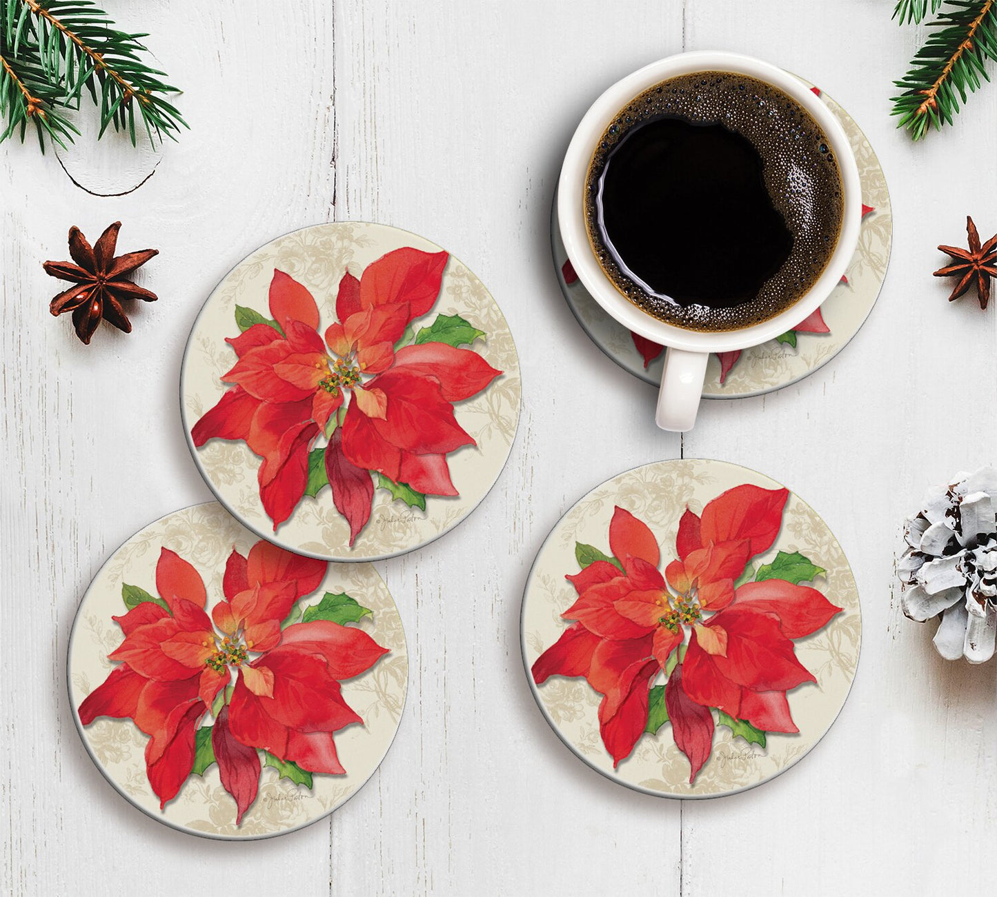Holiday Absorbent Stone Grand Poinsettia Coaster (Set of 4)