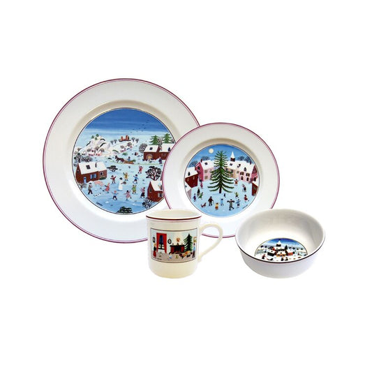 Naif Christmas 4 Piece Porcelain China Dinnerware Set. Service for 1