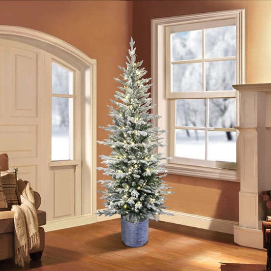 Potted Flocked Artificial Christmas Tree With Lights