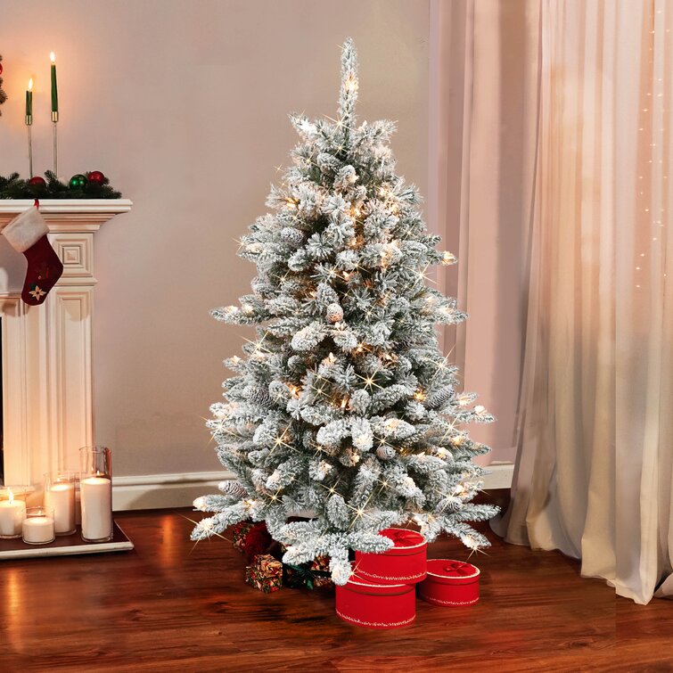 Pre-Lit Flocked Green Fir Artificial Christmas Tree 