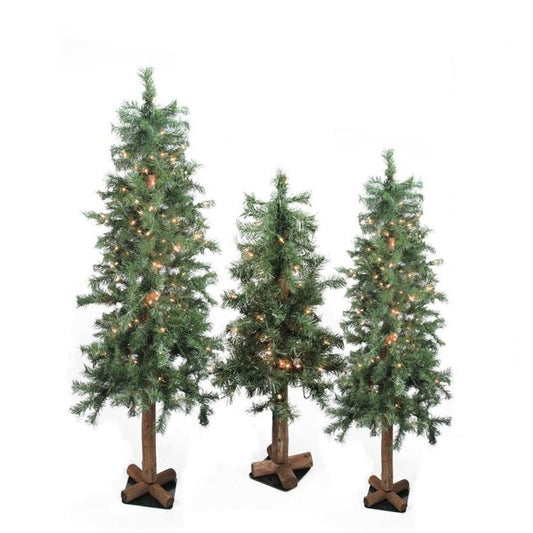 Set of 3 Pre-Lit Woodland Alpine Artificial Christmas Trees 3' 4' and 5' - Clear Lights (Set of 3)