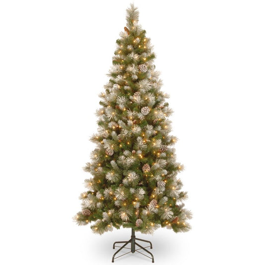 Snow Capped Mountain Slim 7.5' Green Pine Christmas Tree with 400 Clear/White Lights