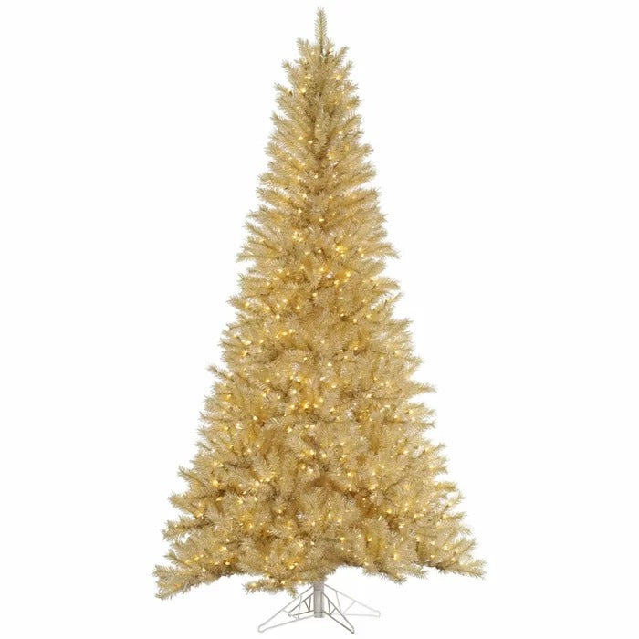 White/Gold Tinsel 90'' Lighted Artificial Pine Christmas Tree