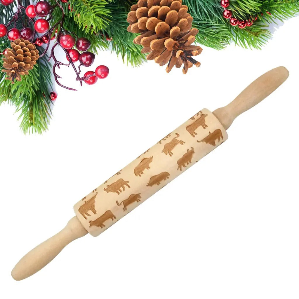 Wooden Christmas Embossed Rolling Pin Dough Stick