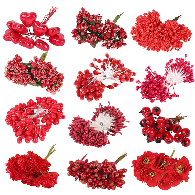 5/6/8/10/12/50/70/90pcs mini Red Artificial Flowers Stamen Berries Bundle DIY - Christmas Trees USA