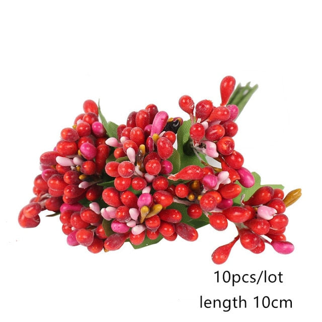 5/6/8/10/12/50/70/90pcs mini Red Artificial Flowers Stamen Berries Bundle DIY - Christmas Trees USA