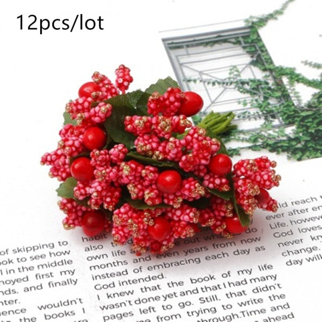 5/6/8/10/12/50/70/90pcs mini Red Artificial Flowers Stamen Berries Bundle DIY - Christmas Trees USA