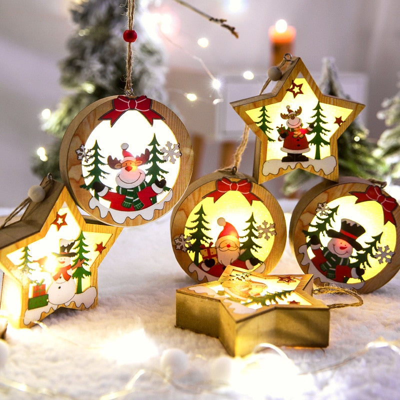 LED Light Christmas Tree Ornaments Star Car Wooden Hanging Pendants - Christmas Trees USA