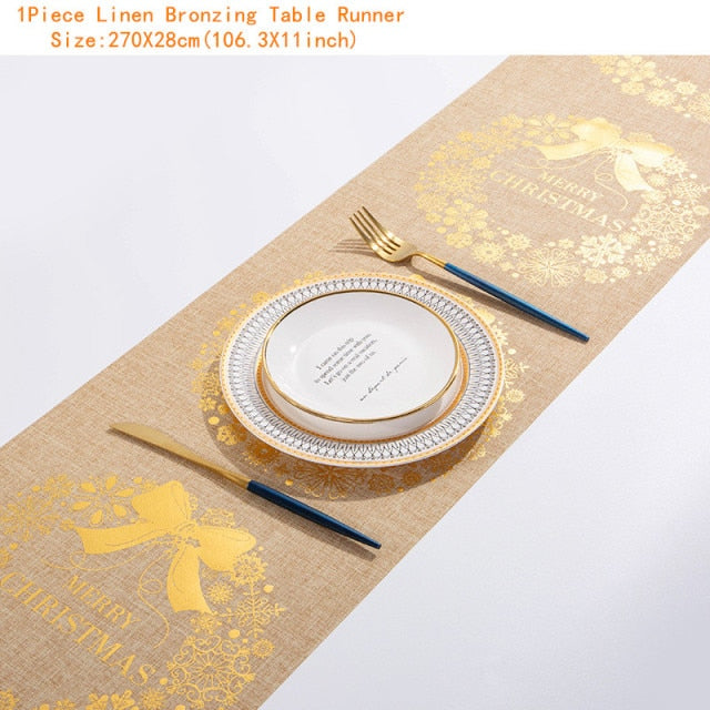 Christmas Gift Linen Elk Snowman Table Runner