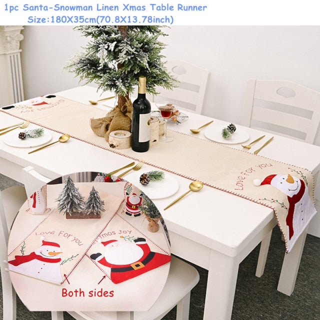 Christmas Gift Linen Elk Snowman Table Runner
