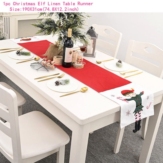 Christmas Gift Linen Elk Snowman Table Runner