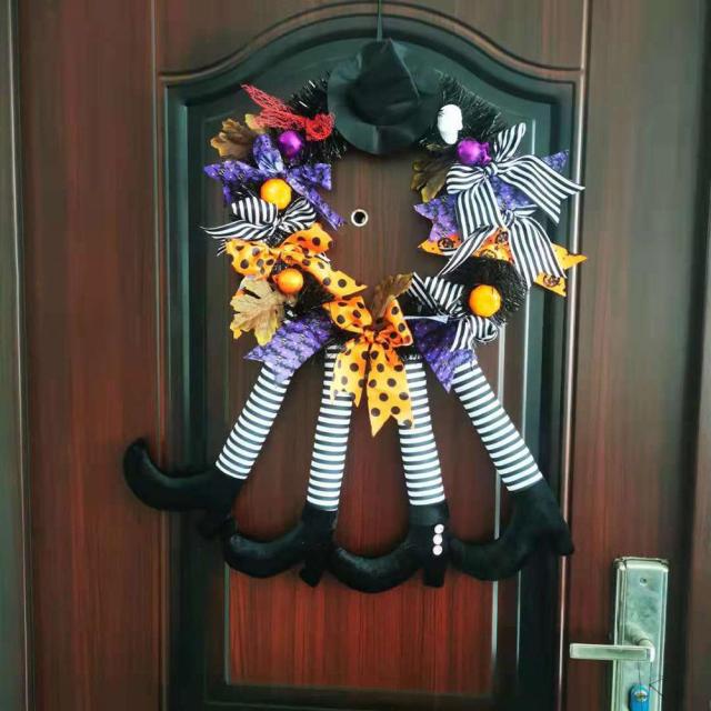 Halloween Wreath Door Hanging Decoration Halloween Witch Hat Leg Pumpkin - Christmas Trees USA