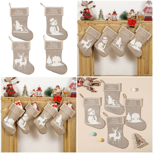 Christmas Snowman Santa Elk Bear Printing Xmas Candy Gift Stockings - Christmas Trees USA