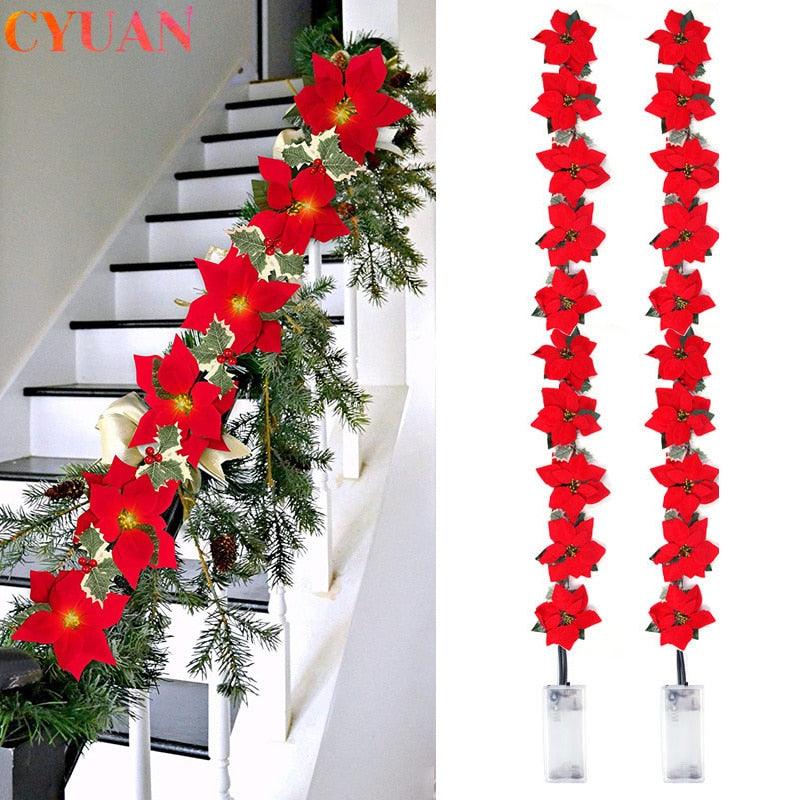 Christmas Poinsettia Flower Garland String Lights