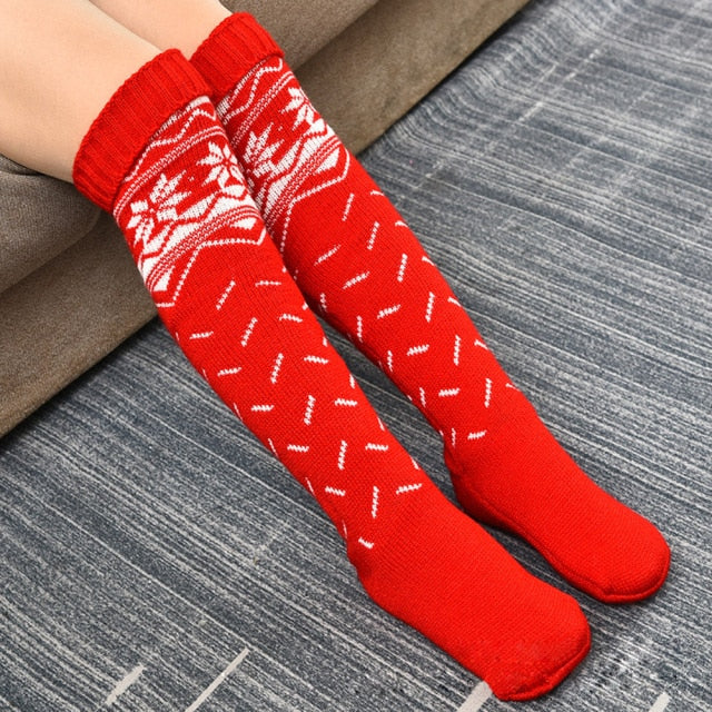Christmas Women Knitted Socks Over-knee Pile - Christmas Trees USA