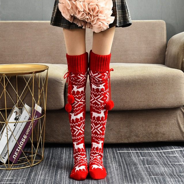 Christmas Women Knitted Socks Over-knee Pile - Christmas Trees USA