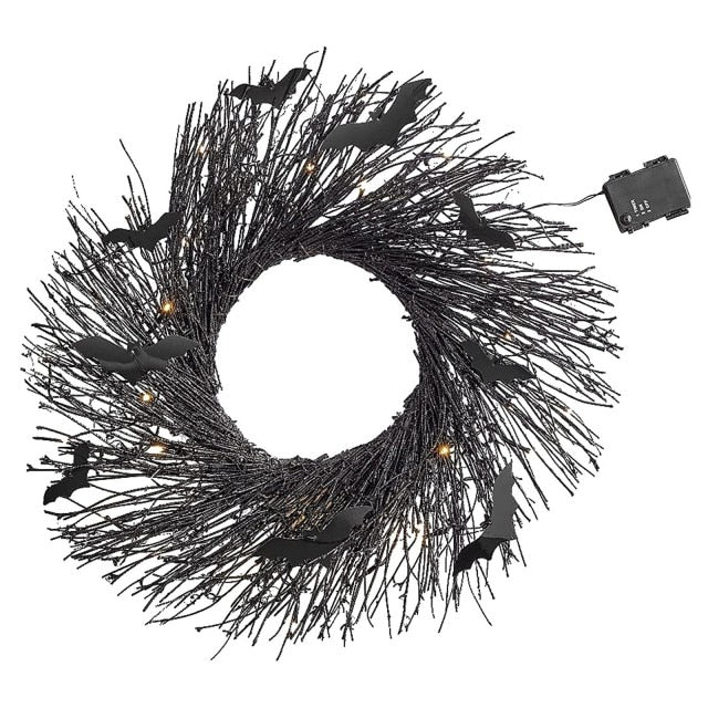 Illuminated Christmas Garland Black Bat Rattan Wreath