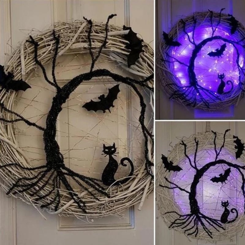 Xmas Wreath With LED Light Up Black Bat Cat