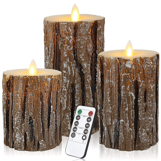 Flameless Candles Cedar-Bark Dripless Real Wax LED Pillars