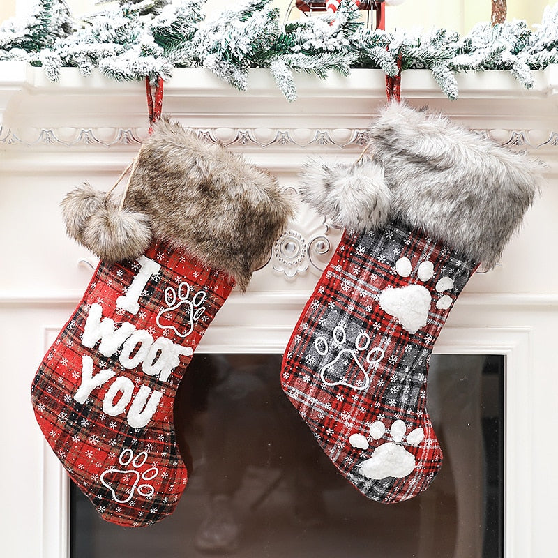 Christmas Stocking Decorations Fur Collar with Ball Plaid Printing