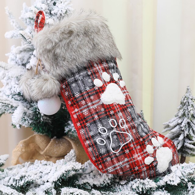 Christmas Stocking Decorations Fur Collar with Ball Plaid Printing