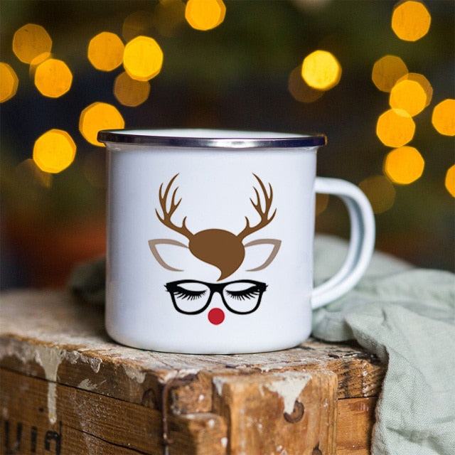 Snowman Deer Print Enamel Coffee Mug