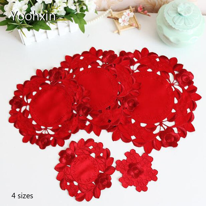 HOT lace red round embroidery table place mat